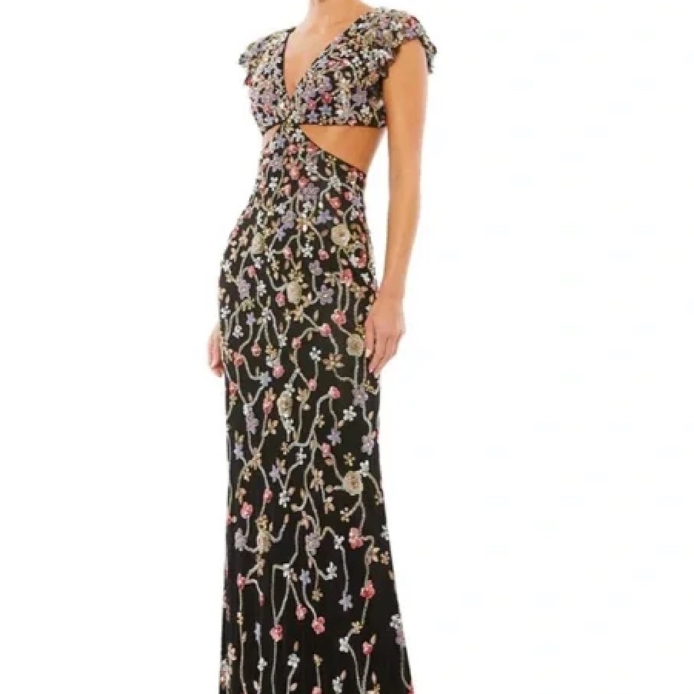 Mac Duggal Embellished Cut Out Ruffle Cap Sleeve Column Gown